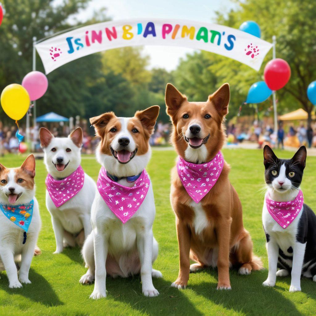A heartwarming scene of playful dogs and cats wearing colorful bandanas with cancer awareness ribbons, gathering around a vibrant dog park filled with paw prints and balloons. Introduce cheerful volunteers engaging with pets, sharing informative flyers while a banner overhead reads 'Join the Movement'. Bright, lively atmosphere, representing community spirit and love for animals. super-realistic. vibrant colors. white background.