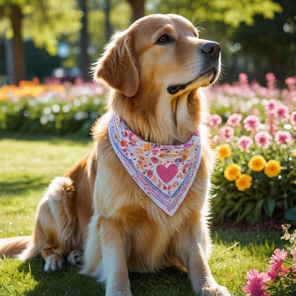 A touching scene depicting a golden retriever wearing a bandana, standing proudly in a sunny park, surrounded by colorful flowers. The dog has a determined look, symbolizing courage, while its owner kneels beside, offering a gentle hug. In the background, subtle images of ribbons and hearts float, representing support in the fight against tumors. The atmosphere is warm and uplifting, instilling hope and love. super-realistic. vibrant colors. soft focus.