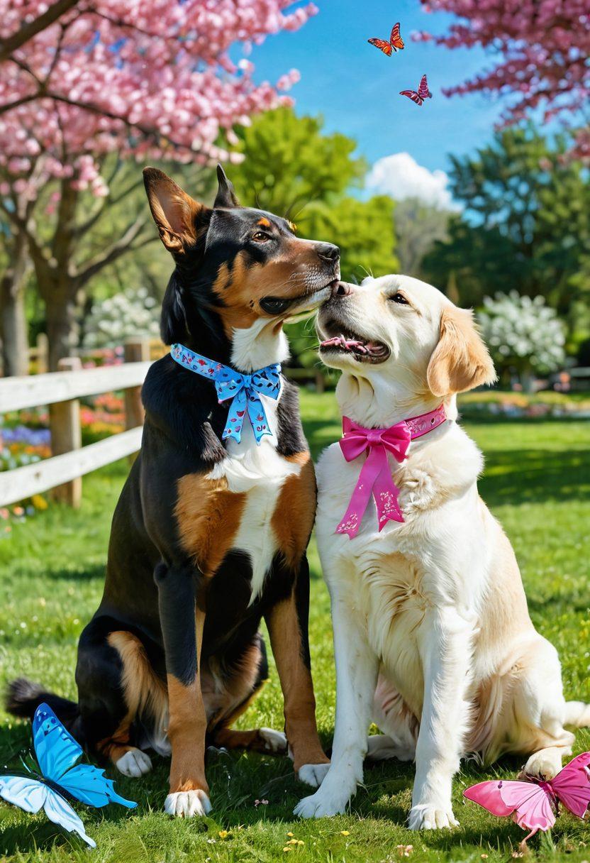 A heartfelt scene featuring a playful dog and a gentle cat, both wearing colorful cancer awareness ribbons. The background should be a serene park setting with blooming flowers and a bright blue sky, symbolizing hope and positivity. Add a subtle hint of a cancer awareness pink ribbon in the form of butterflies fluttering around them. Capture the warmth of companionship and support in the image. vibrant colors. serene landscape.